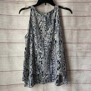 Paraphrase Sleeveless Tiered Blouse White Black Blue High Neck Zipper Back Small